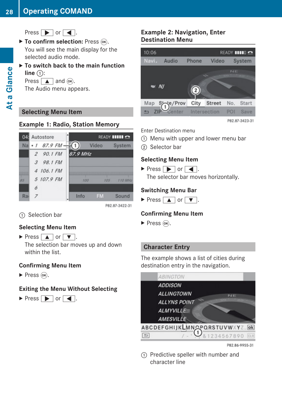 Selecting menu item, Character entry, At a glance | Operating comand | Mercedes-Benz G-Class 2010 COMAND Manual User Manual | Page 30 / 224