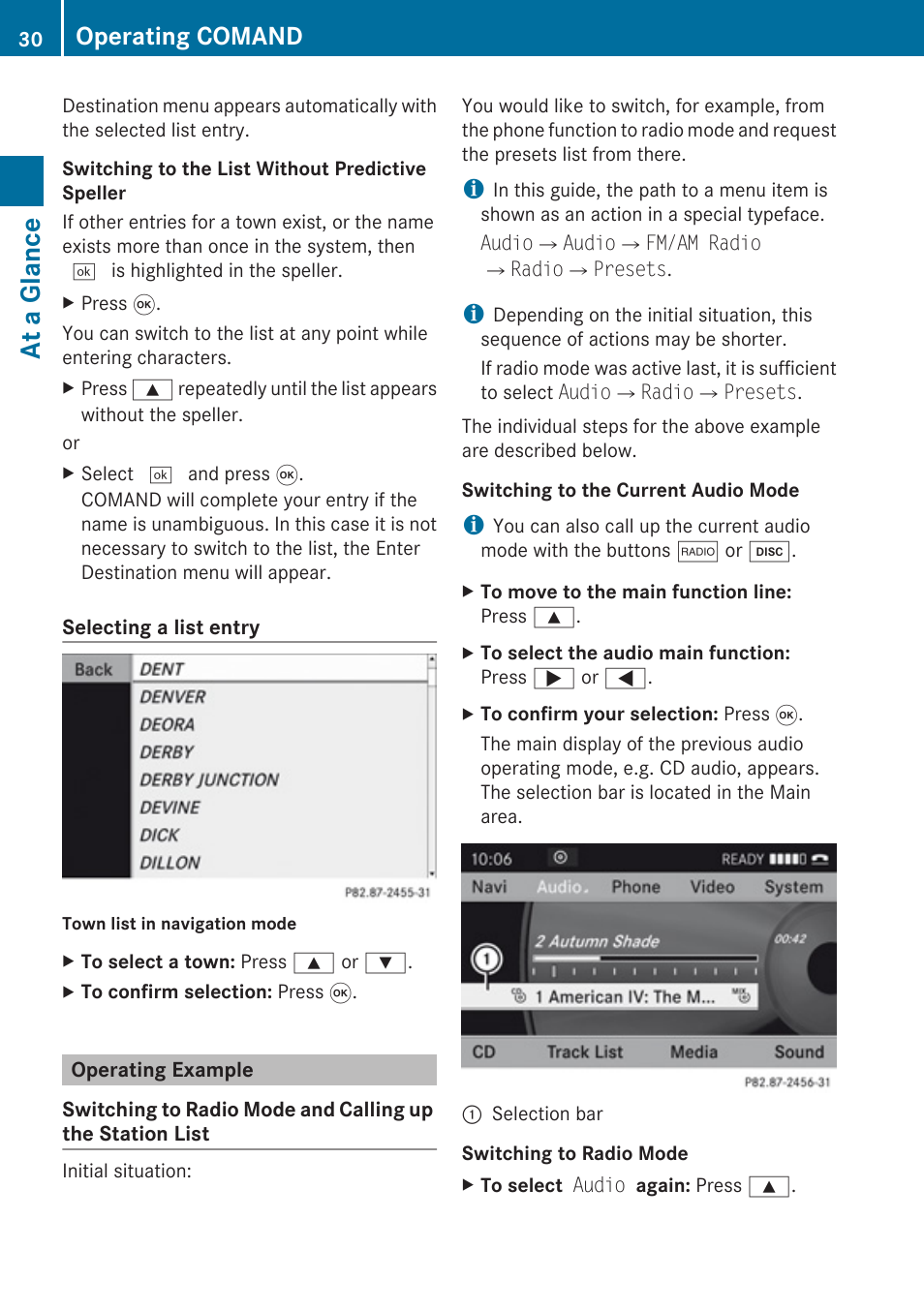 Operating example, At a glance, Operating comand | Mercedes-Benz G-Class 2010 COMAND Manual User Manual | Page 32 / 224