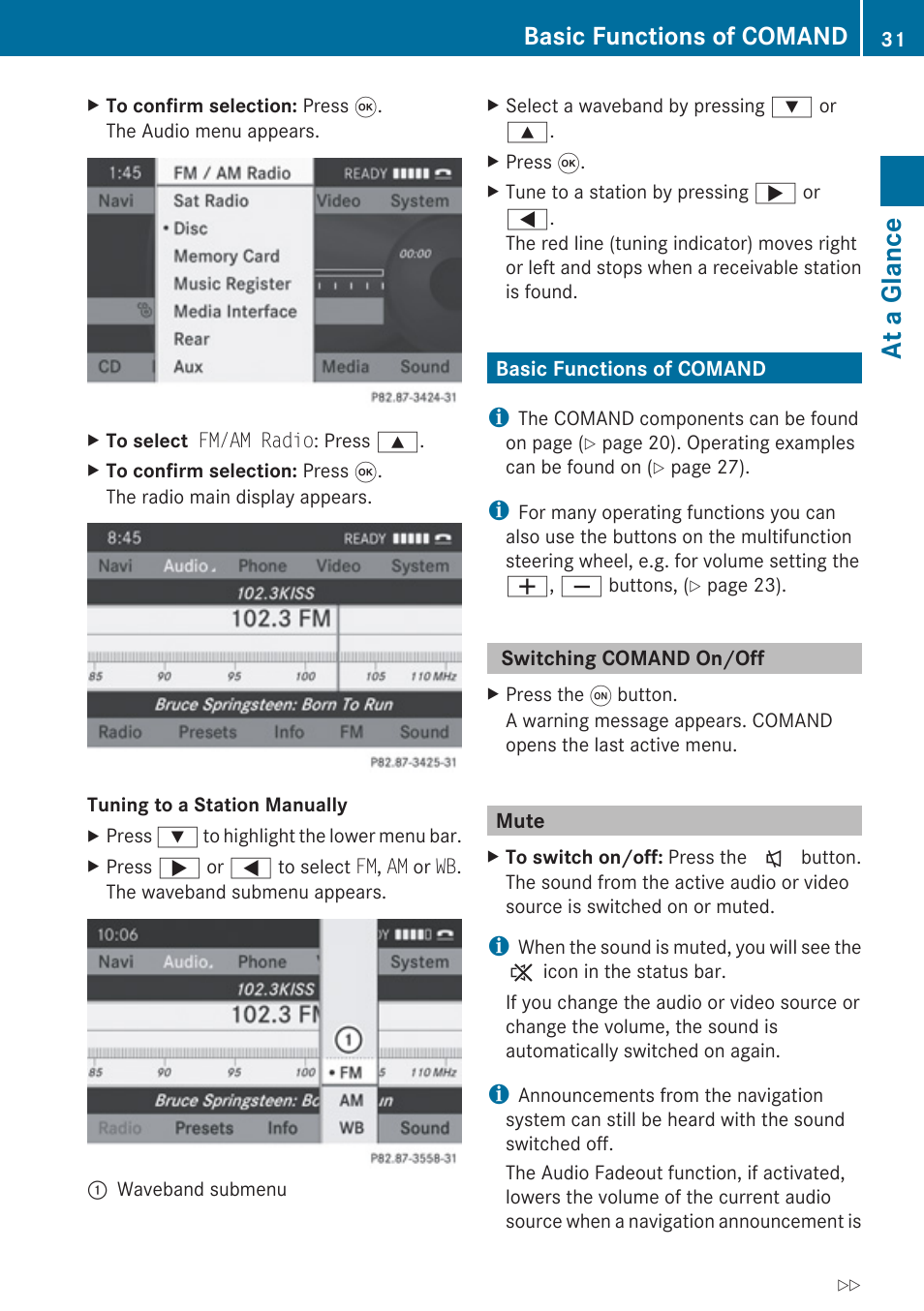 Basic functions of comand, Switching comand on/off, Mute | At a glance | Mercedes-Benz G-Class 2010 COMAND Manual User Manual | Page 33 / 224