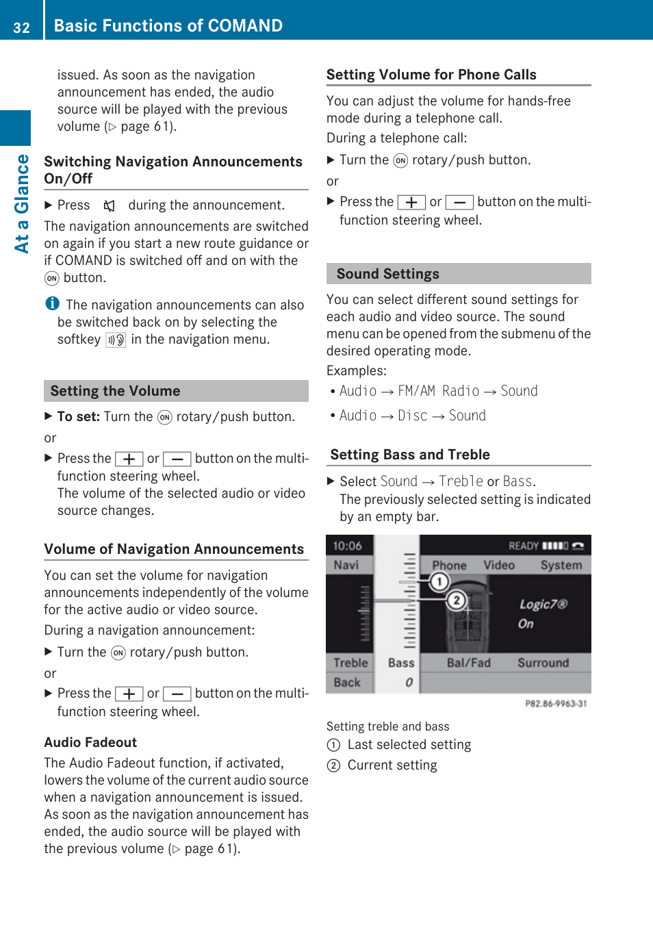 Setting the volume, Sound settings, At a glance | Basic functions of comand | Mercedes-Benz G-Class 2010 COMAND Manual User Manual | Page 34 / 224