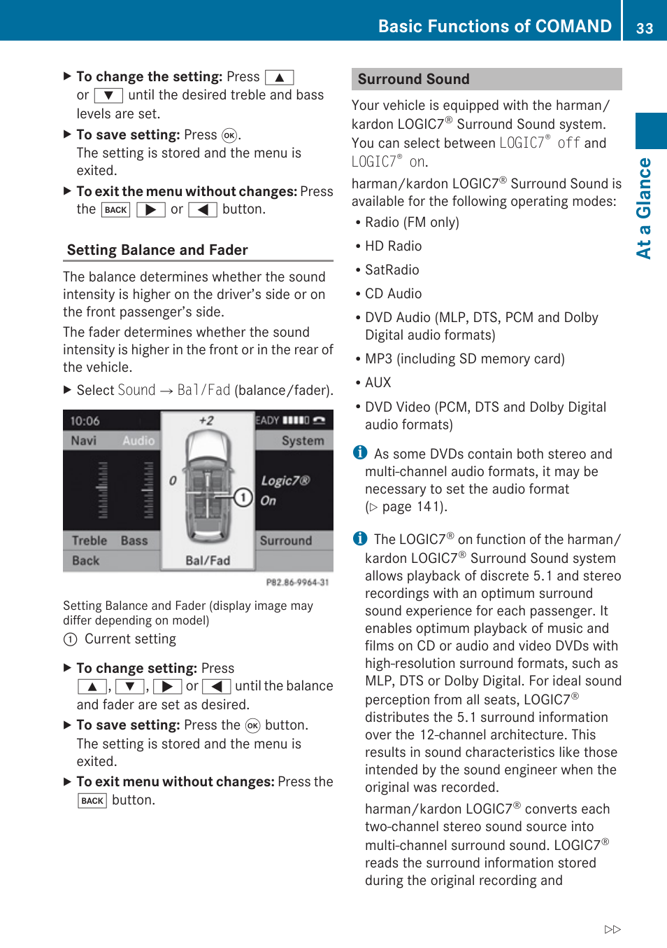 Surround sound, At a glance, Basic functions of comand | Mercedes-Benz G-Class 2010 COMAND Manual User Manual | Page 35 / 224