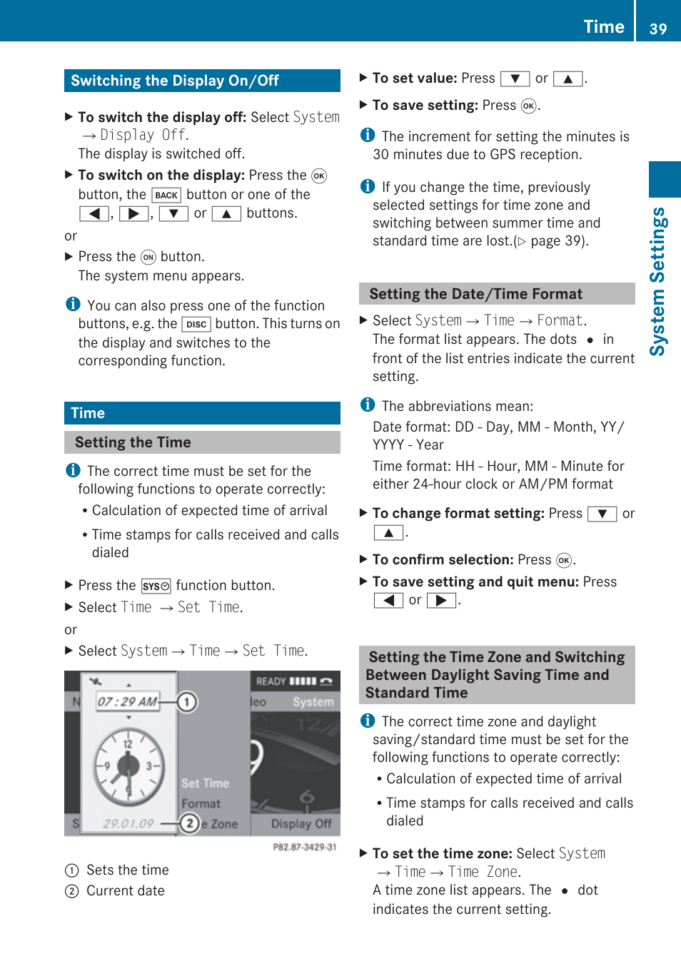 Switching the display on/off, Time, Setting the time | Setting the date/time format, System settings | Mercedes-Benz G-Class 2010 COMAND Manual User Manual | Page 41 / 224