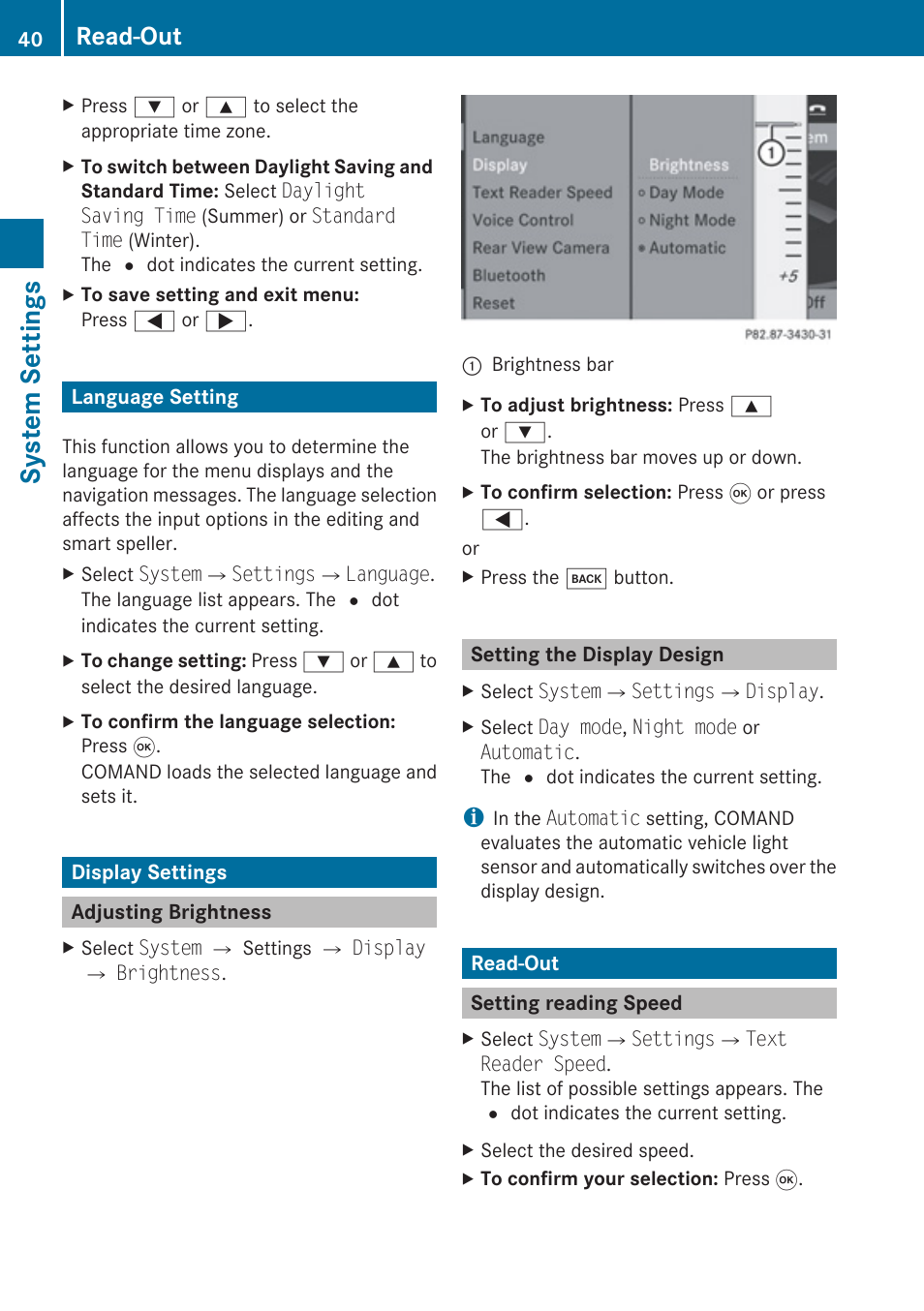 Language setting, Display settings, Adjusting brightness | Setting the display design, Read-out, Setting reading speed, System settings | Mercedes-Benz G-Class 2010 COMAND Manual User Manual | Page 42 / 224