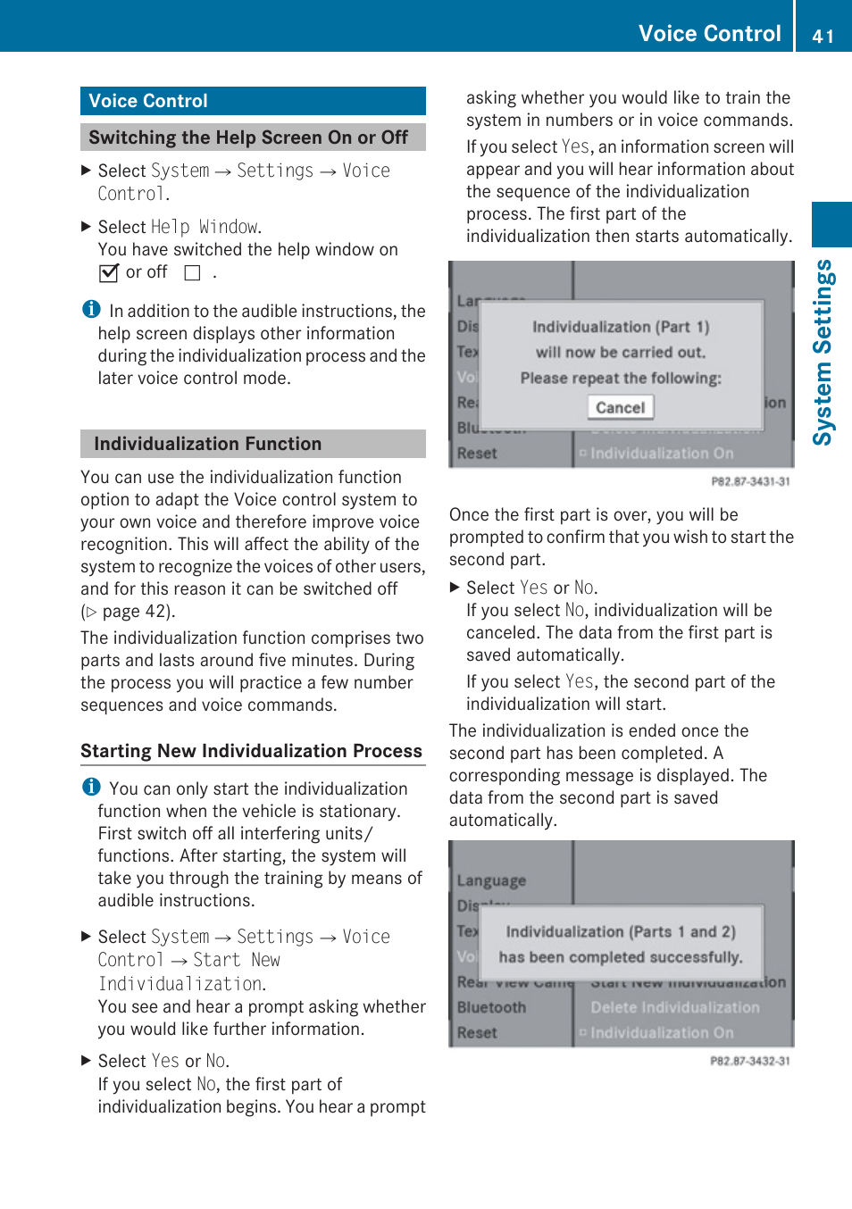 Voice control, Switching the help screen on or off, Individualization function | System settings | Mercedes-Benz G-Class 2010 COMAND Manual User Manual | Page 43 / 224