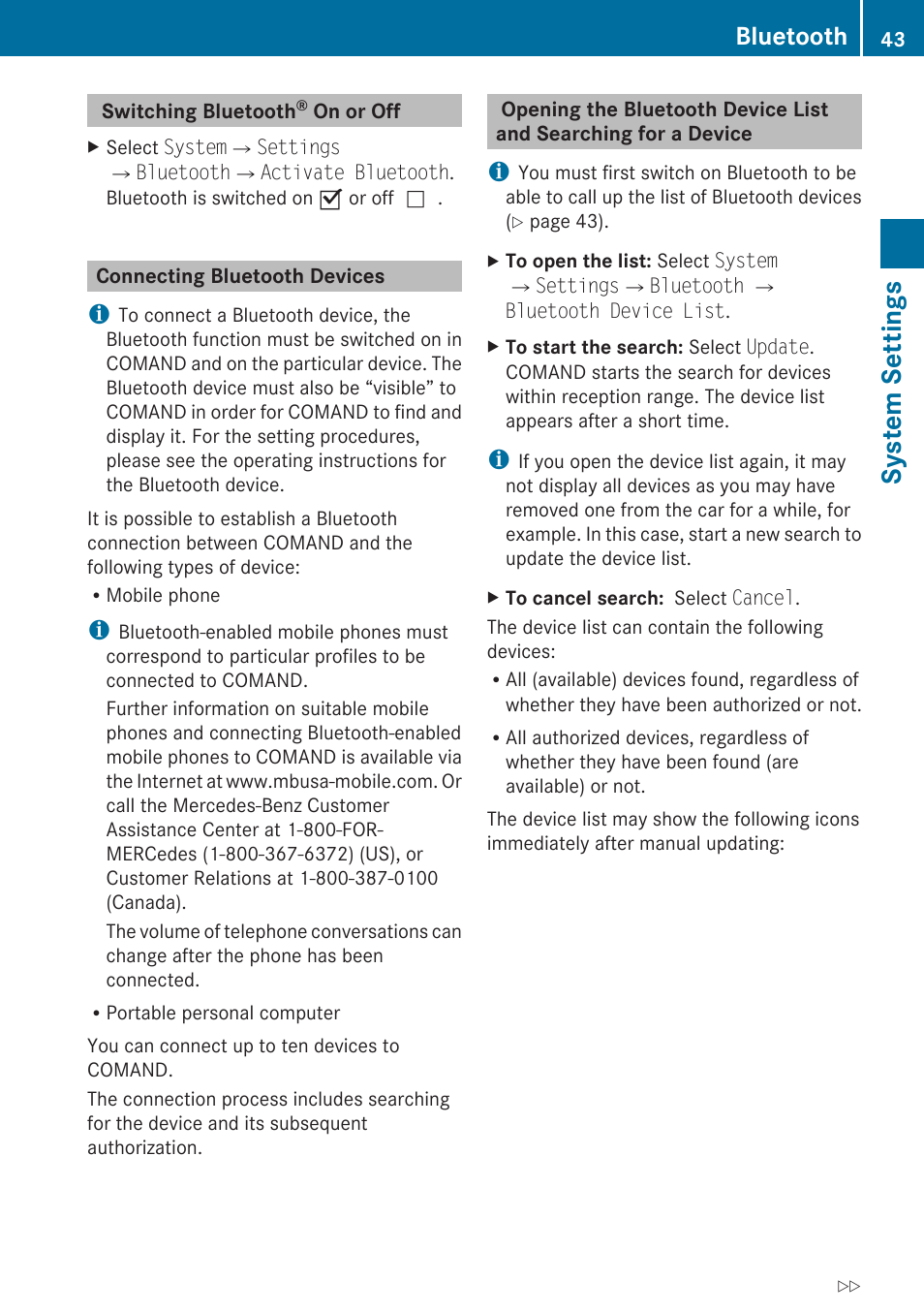 Switching bluetooth® on or off, Connecting bluetooth devices, System settings | Bluetooth | Mercedes-Benz G-Class 2010 COMAND Manual User Manual | Page 45 / 224