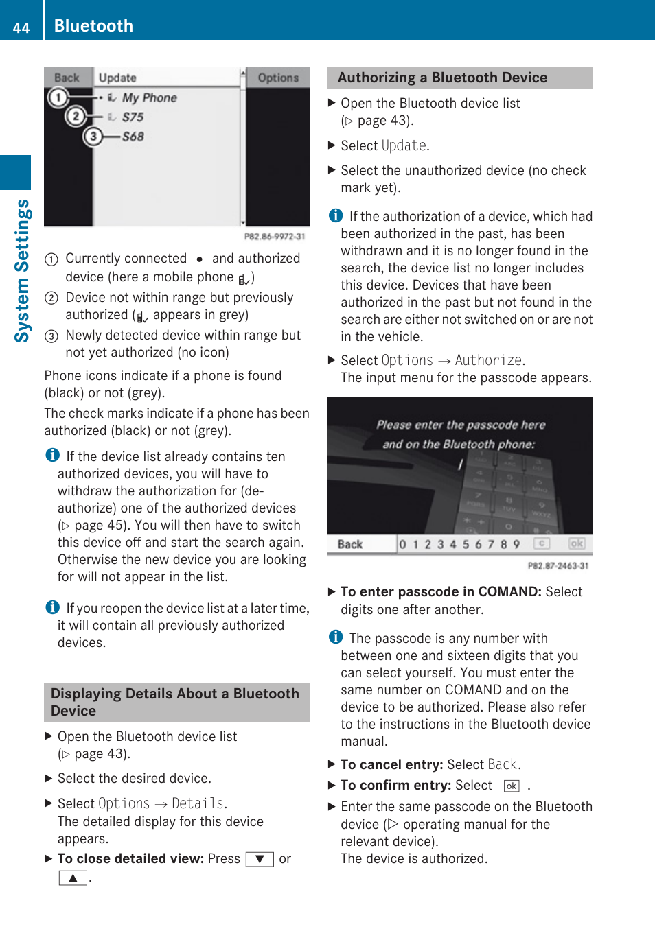 Displaying details about a bluetooth device, Authorizing a bluetooth device, System settings | Bluetooth | Mercedes-Benz G-Class 2010 COMAND Manual User Manual | Page 46 / 224