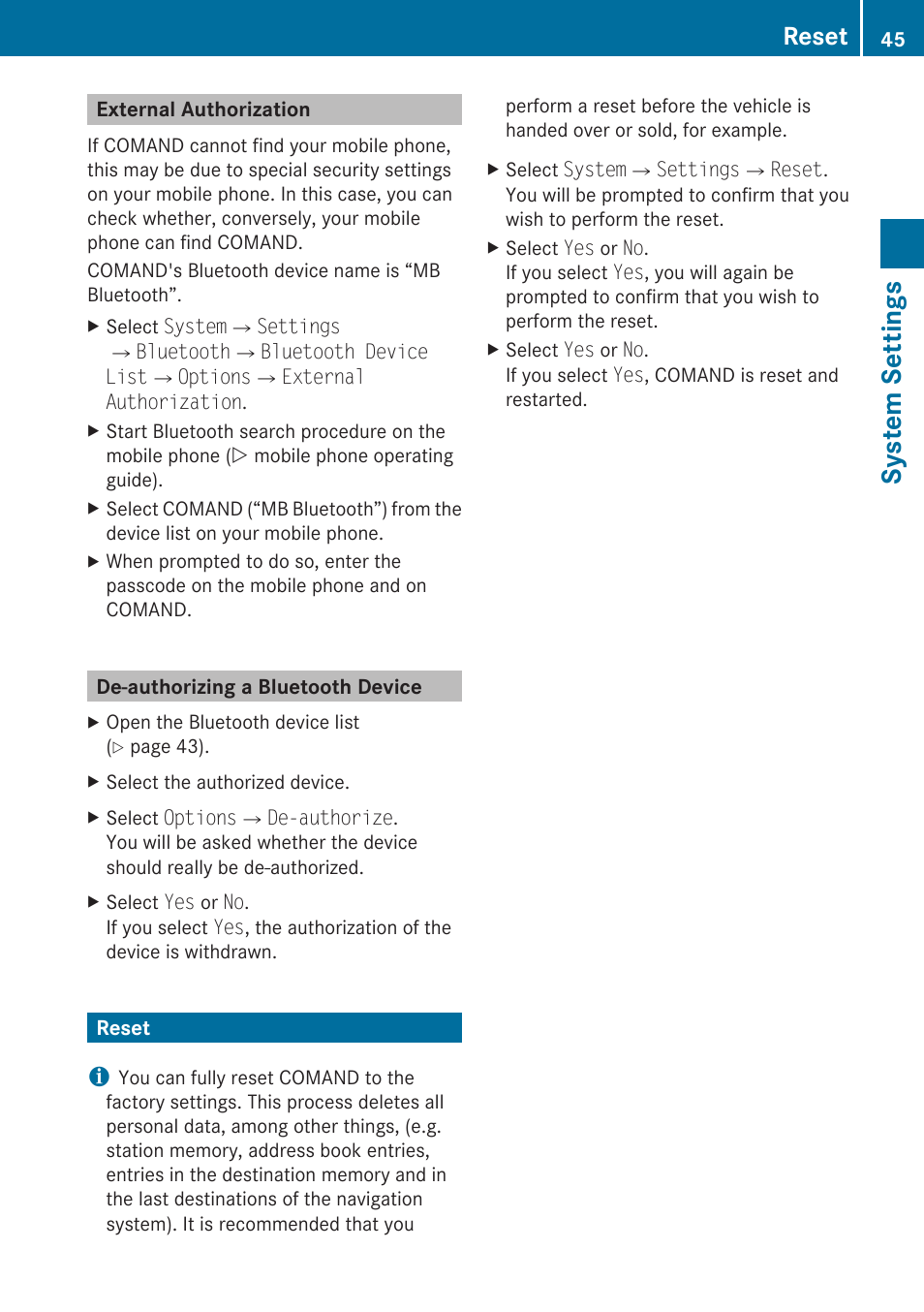 External authorization, De-authorizing a bluetooth device, Reset | System settings | Mercedes-Benz G-Class 2010 COMAND Manual User Manual | Page 47 / 224