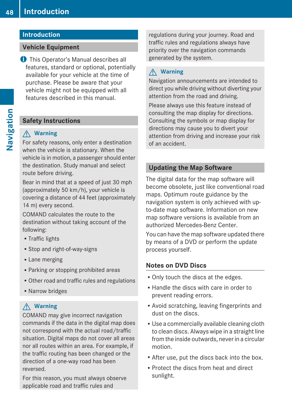 Navigation, Introduction, Vehicle equipment | Safety instructions, Updating the map software | Mercedes-Benz G-Class 2010 COMAND Manual User Manual | Page 50 / 224