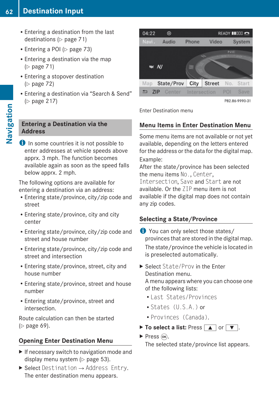 Entering a destination via the address, Navigation, Destination input | Mercedes-Benz G-Class 2010 COMAND Manual User Manual | Page 64 / 224