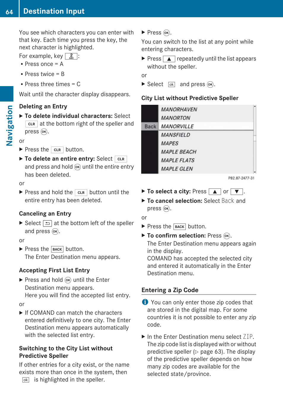 Navigation, Destination input | Mercedes-Benz G-Class 2010 COMAND Manual User Manual | Page 66 / 224