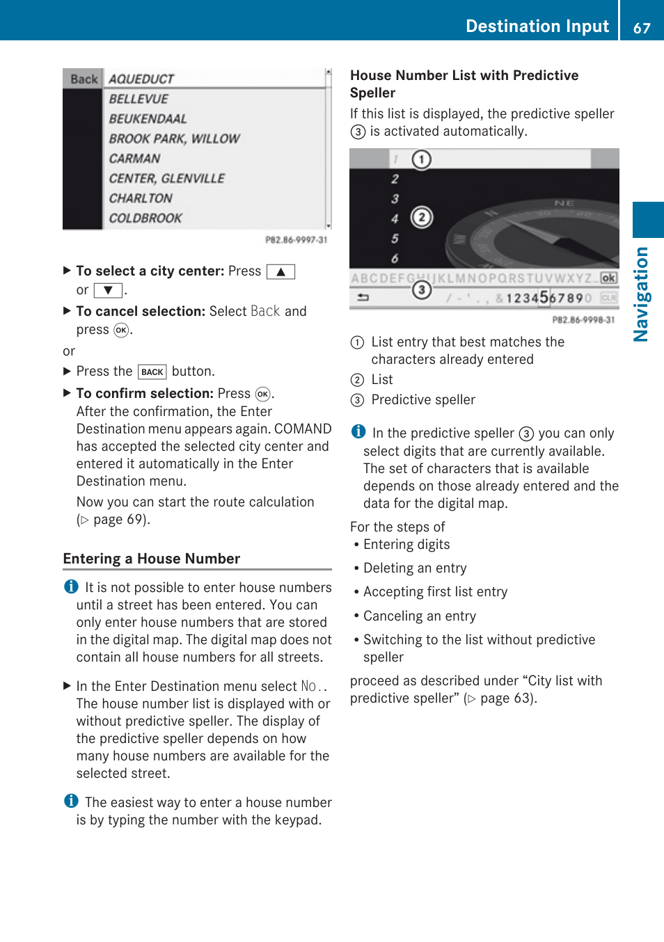 Navigation, Destination input | Mercedes-Benz G-Class 2010 COMAND Manual User Manual | Page 69 / 224