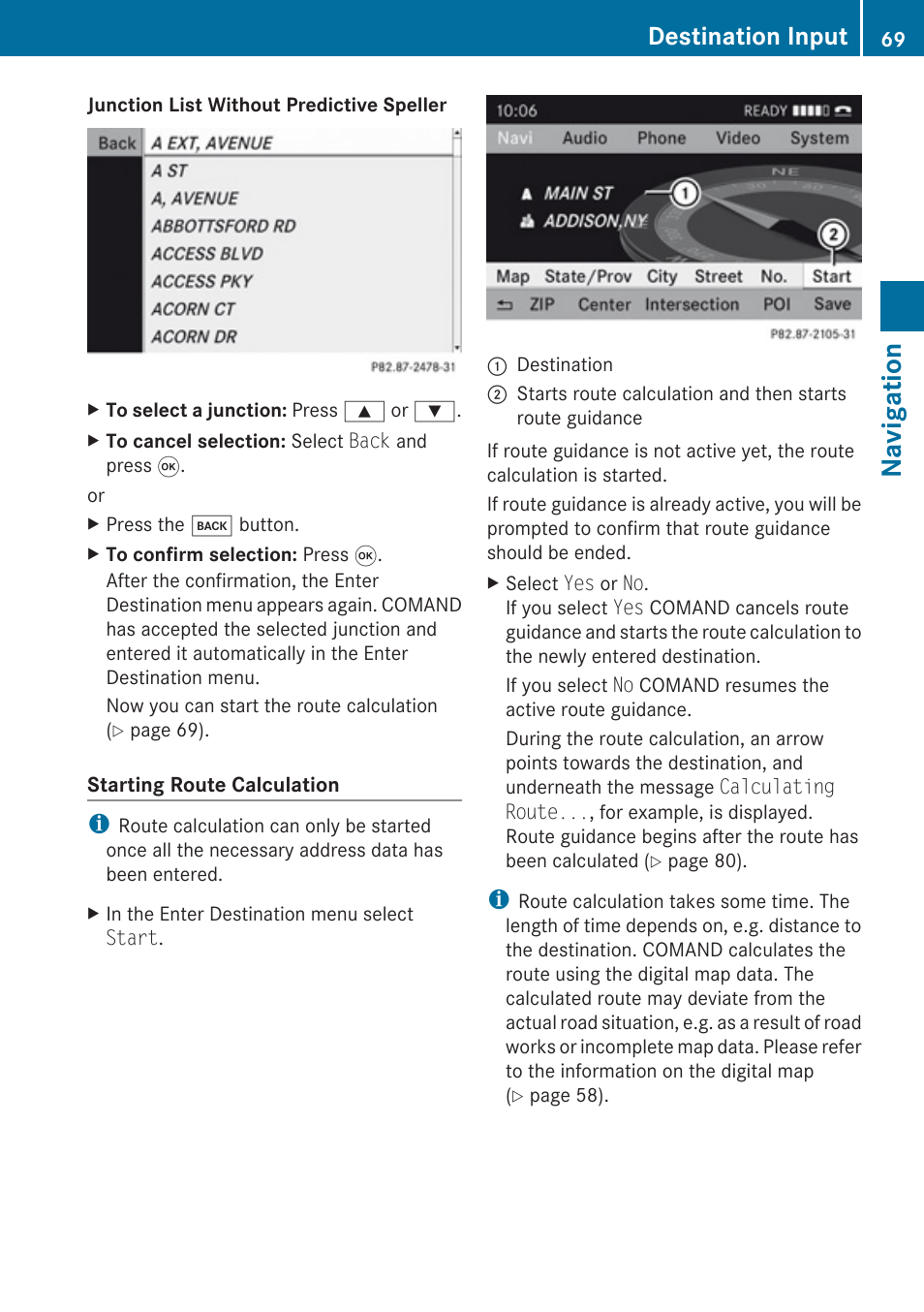 Route calculation, Navigation, Destination input | Mercedes-Benz G-Class 2010 COMAND Manual User Manual | Page 71 / 224