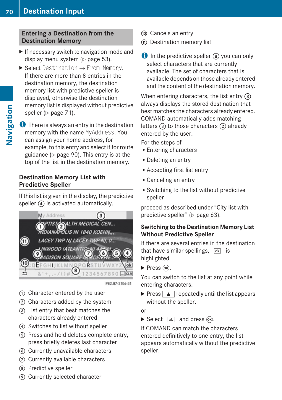 Entering a destination from the destination memory, Memory, Navigation | Destination input | Mercedes-Benz G-Class 2010 COMAND Manual User Manual | Page 72 / 224