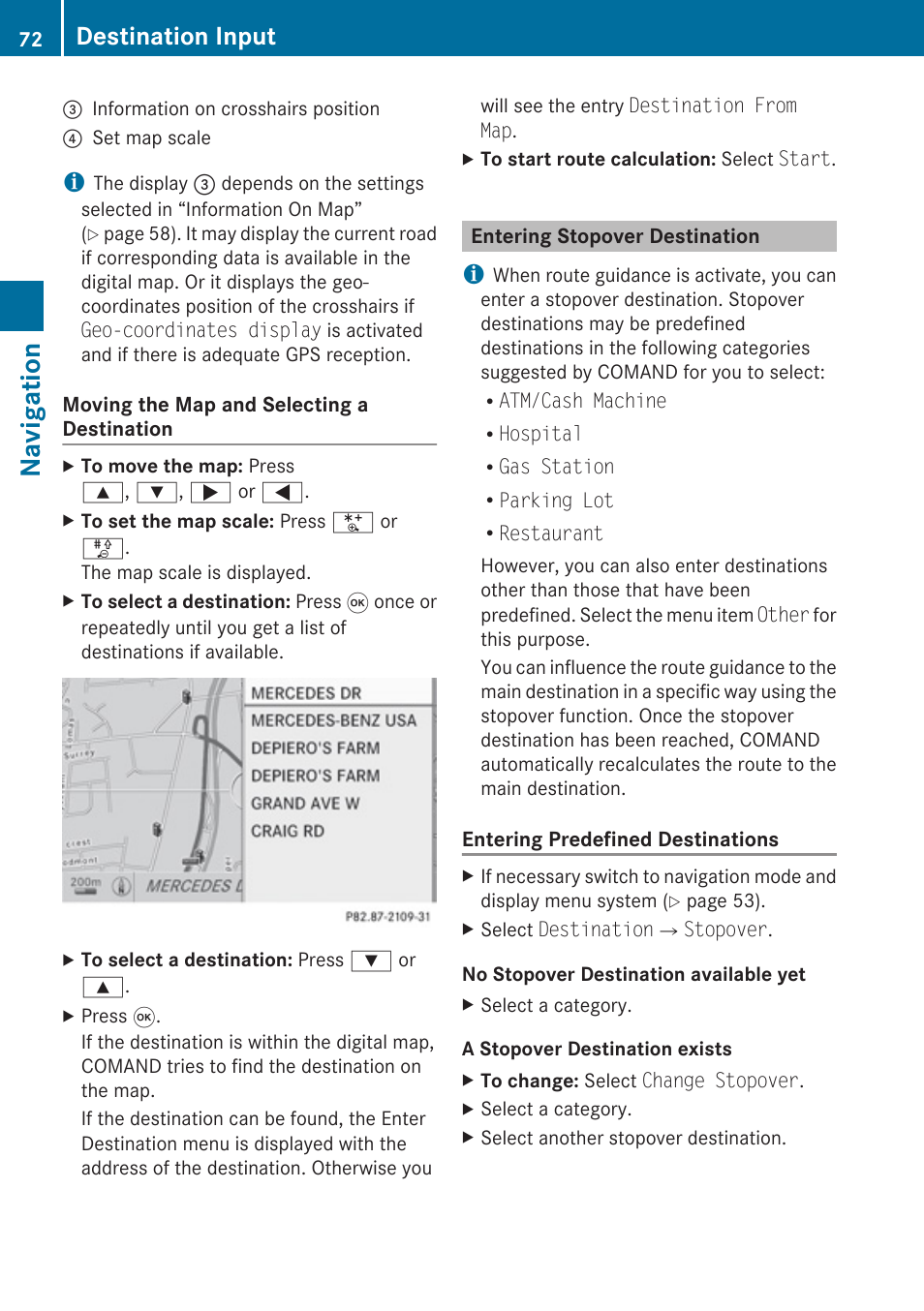 Entering stopover destination, Navigation, Destination input | Mercedes-Benz G-Class 2010 COMAND Manual User Manual | Page 74 / 224