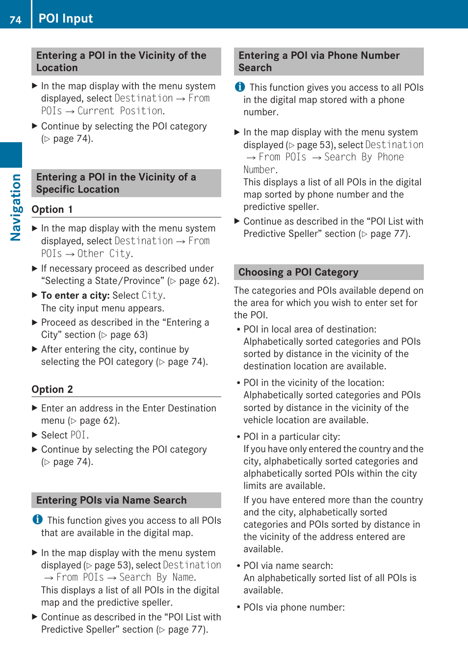 Entering a poi in the vicinity of the location, Entering pois via name search, Entering a poi via phone number search | Choosing a poi category, Navigation, Poi input | Mercedes-Benz G-Class 2010 COMAND Manual User Manual | Page 76 / 224