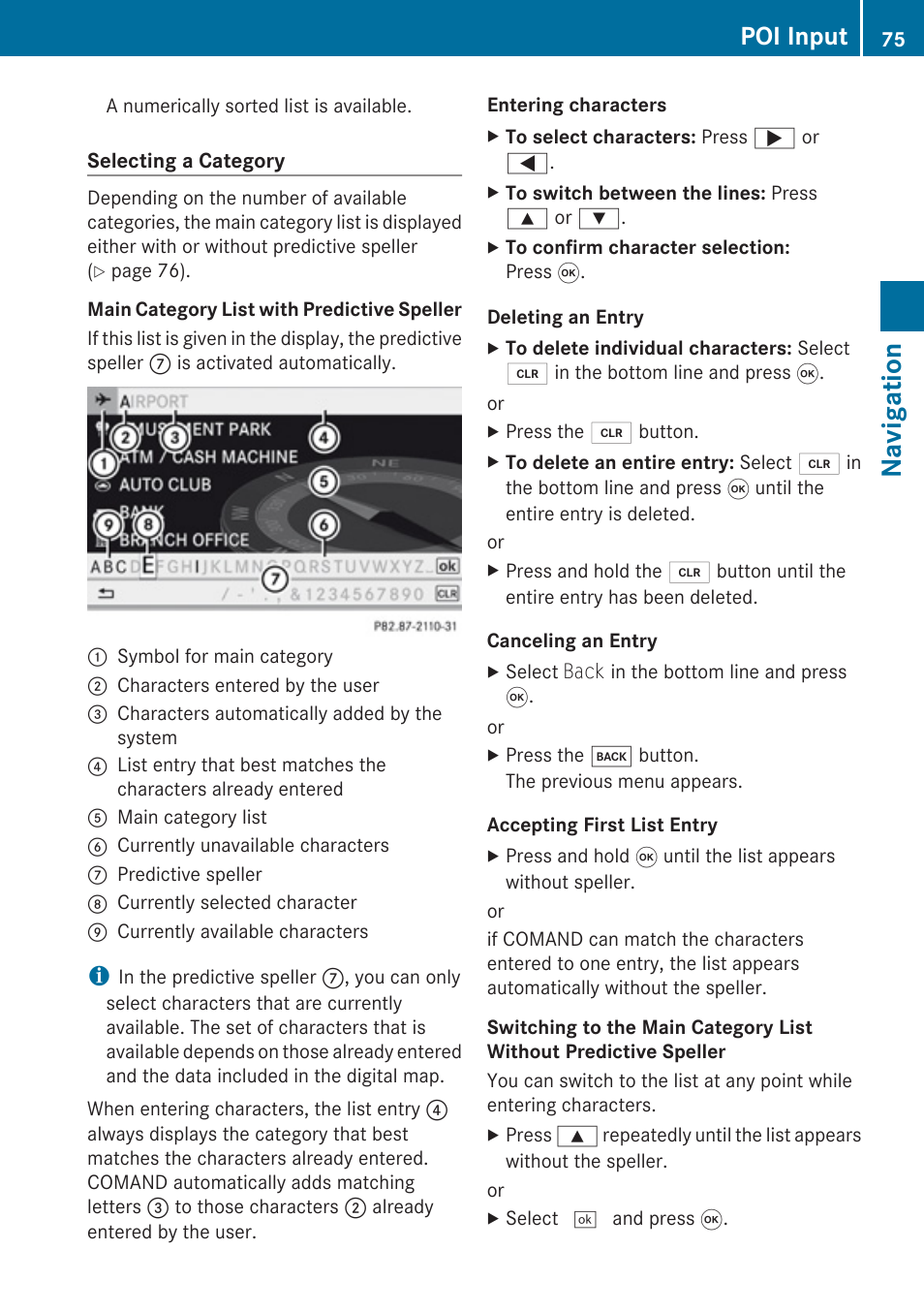 For points of interest (pois) , 77, Navigation, Poi input | Mercedes-Benz G-Class 2010 COMAND Manual User Manual | Page 77 / 224