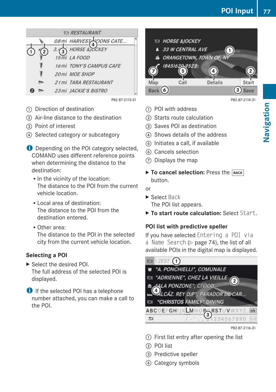 Predictive speller” section, Navigation, Poi input | Mercedes-Benz G-Class 2010 COMAND Manual User Manual | Page 79 / 224