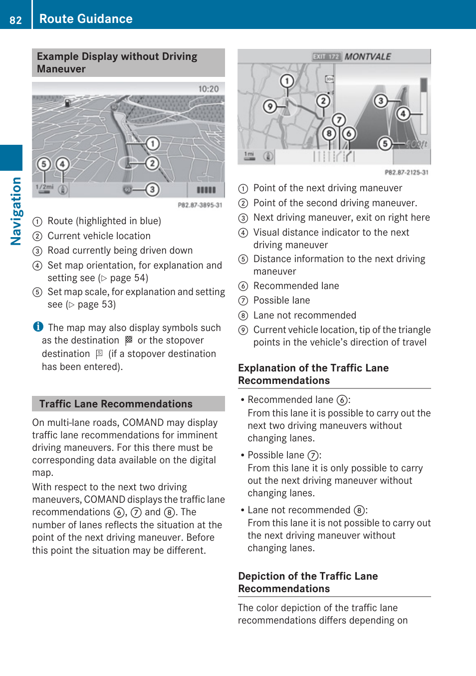 Example display without driving maneuver, Traffic lane recommendations, Navigation | Route guidance | Mercedes-Benz G-Class 2010 COMAND Manual User Manual | Page 84 / 224