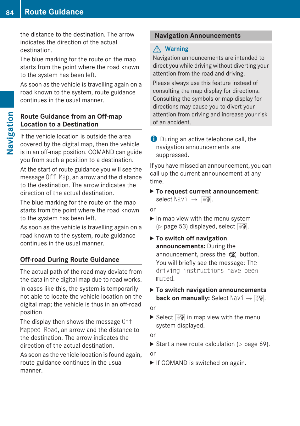 Navigation announcements, Navigation, Route guidance | Mercedes-Benz G-Class 2010 COMAND Manual User Manual | Page 86 / 224