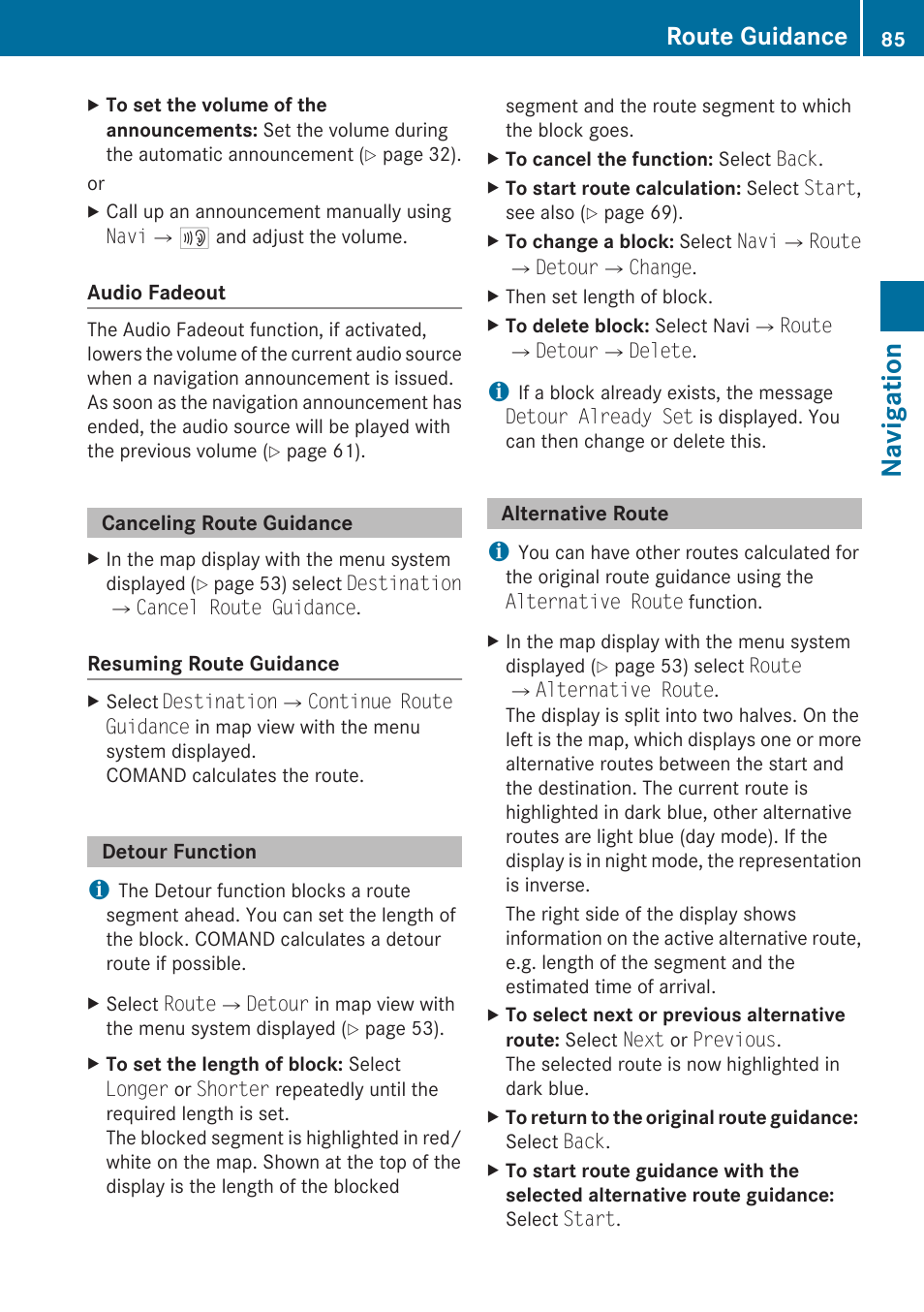 Canceling route guidance, Detour function, Alternative route | Navigation, Route guidance | Mercedes-Benz G-Class 2010 COMAND Manual User Manual | Page 87 / 224