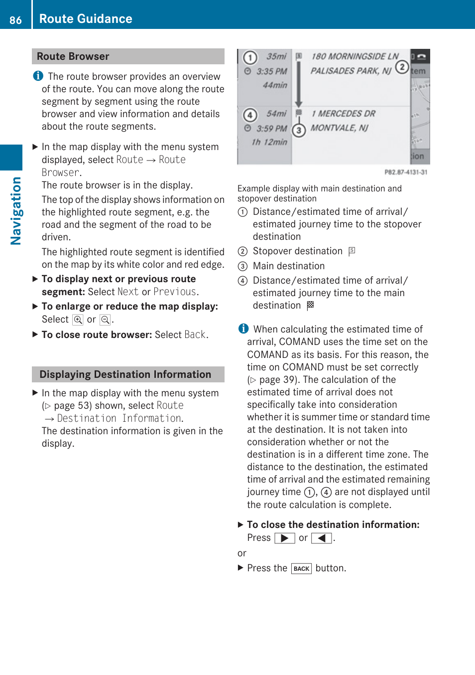Route browser, Displaying destination information, Navigation | Route guidance | Mercedes-Benz G-Class 2010 COMAND Manual User Manual | Page 88 / 224