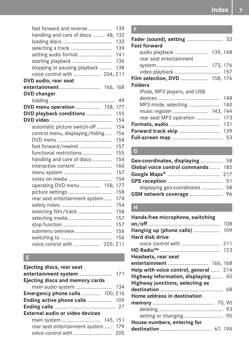 Index | Mercedes-Benz G-Class 2010 COMAND Manual User Manual | Page 9 / 224