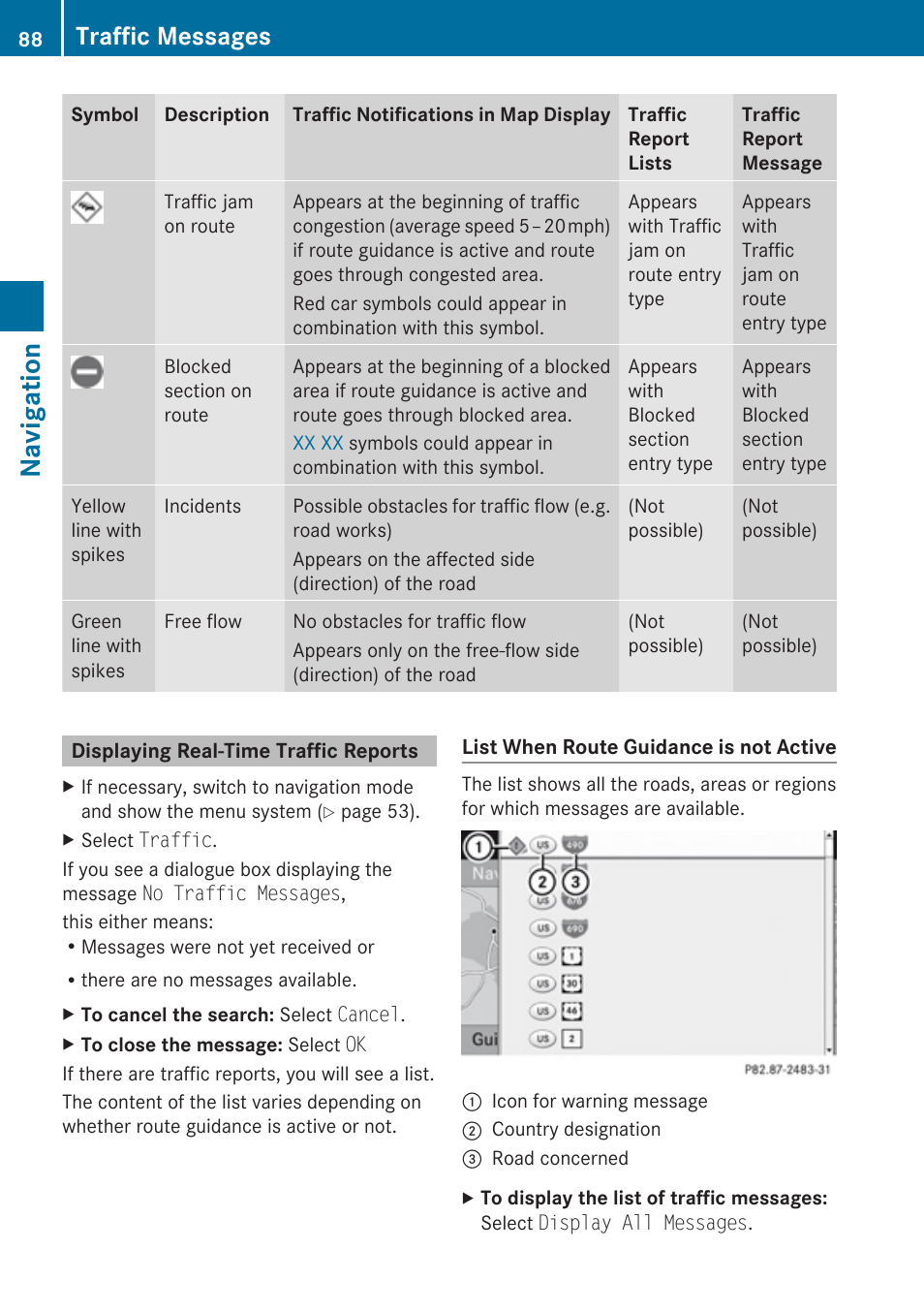 Displaying real-time traffic reports, Navigation, Traffic messages | Mercedes-Benz G-Class 2010 COMAND Manual User Manual | Page 90 / 224