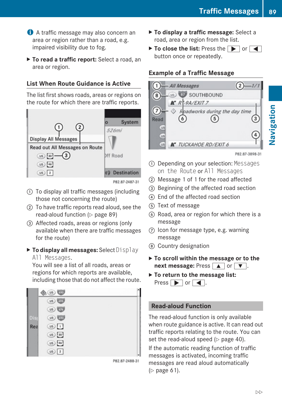 Read-aloud function, Manually, Navigation | Traffic messages | Mercedes-Benz G-Class 2010 COMAND Manual User Manual | Page 91 / 224