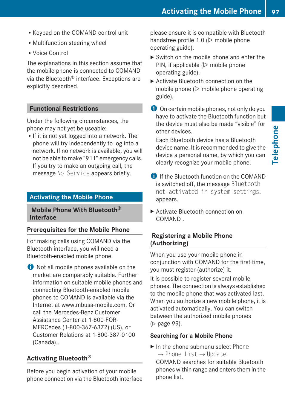 Functional restrictions, Activating the mobile phone, Mobile phone with bluetooth® interface | Telephone | Mercedes-Benz G-Class 2010 COMAND Manual User Manual | Page 99 / 224