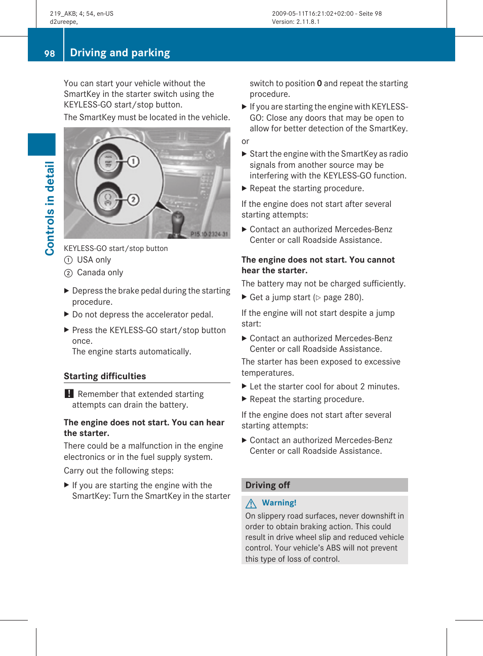 Driving off, Controls in detail, Driving and parking | Mercedes-Benz CLS-Class 2010 Owners Manual User Manual | Page 100 / 308