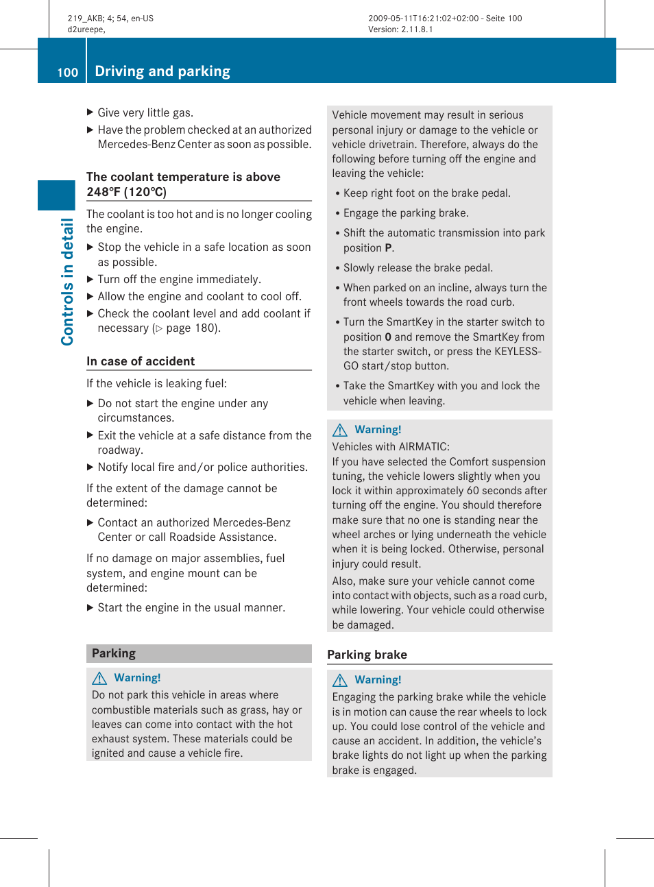 Parking, Controls in detail, Driving and parking | Mercedes-Benz CLS-Class 2010 Owners Manual User Manual | Page 102 / 308
