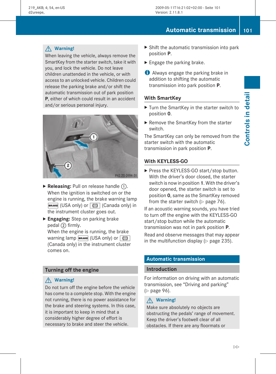 Turning off the engine, Automatic transmission, Introduction | Transmission, Controls in detail | Mercedes-Benz CLS-Class 2010 Owners Manual User Manual | Page 103 / 308
