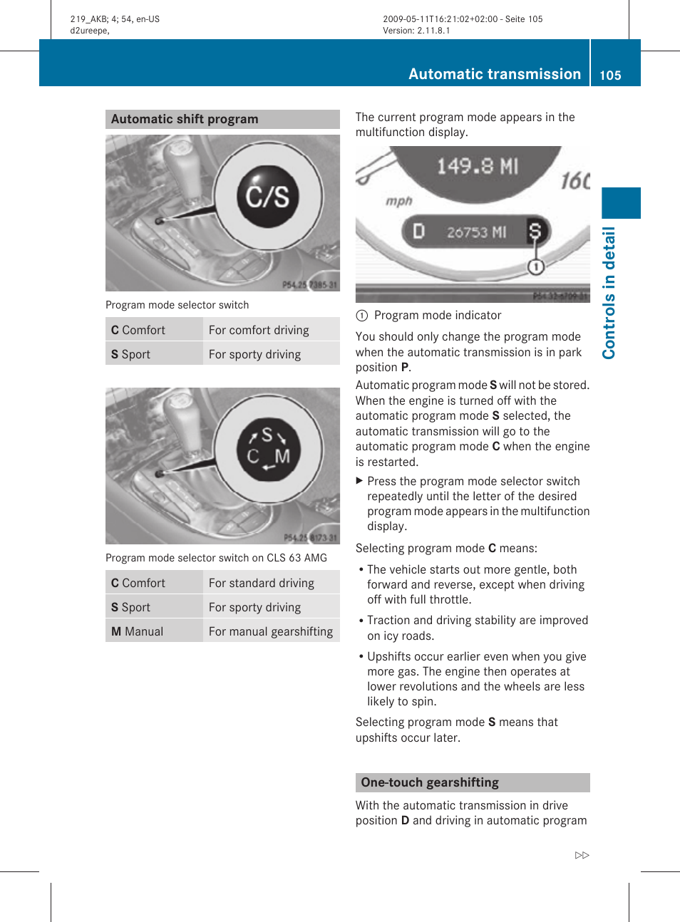 Automatic shift program, One-touch gearshifting, Controls in detail | Automatic transmission | Mercedes-Benz CLS-Class 2010 Owners Manual User Manual | Page 107 / 308