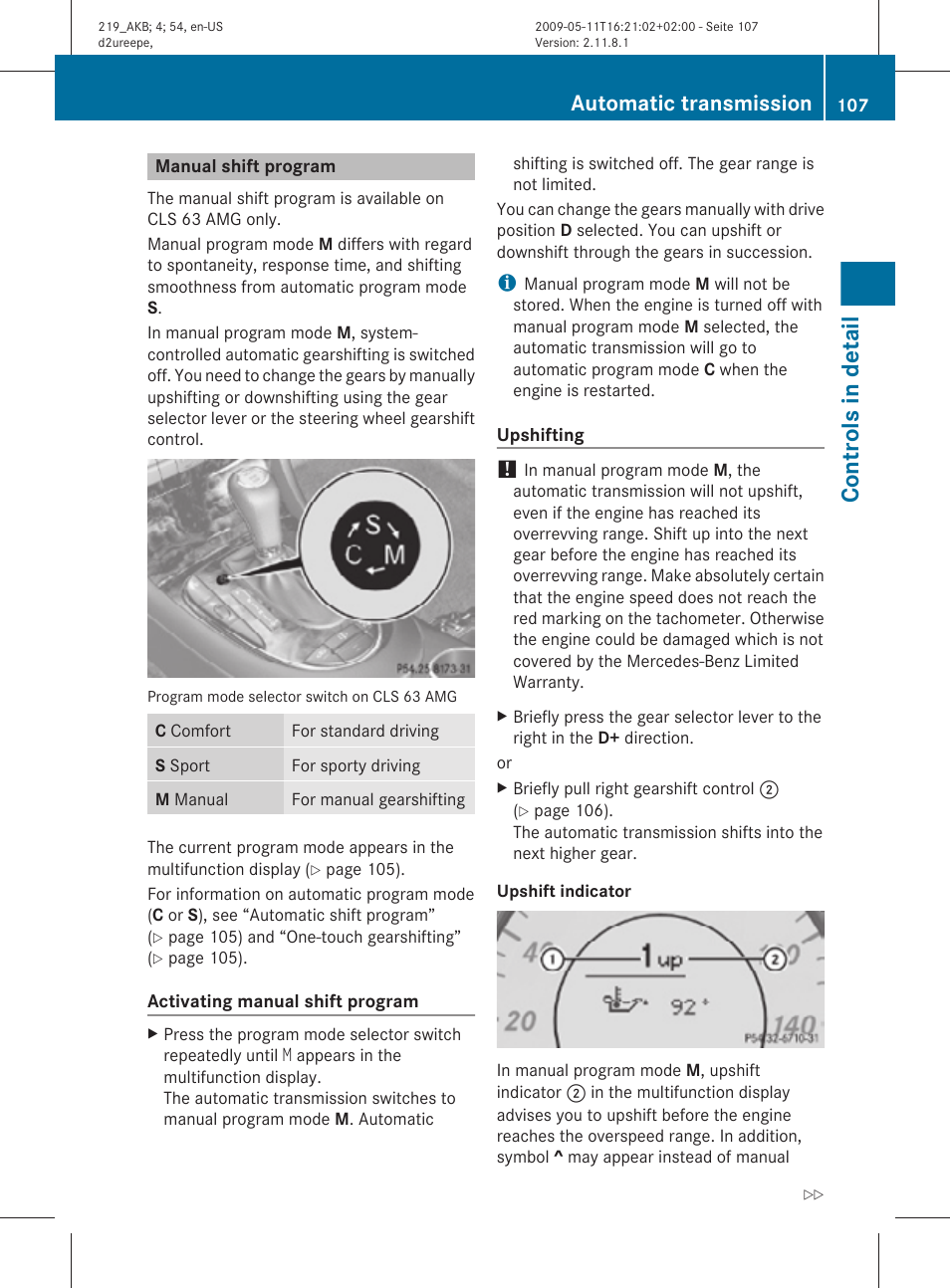 Manual shift program, Cls 63 amg only), Controls in detail | Automatic transmission | Mercedes-Benz CLS-Class 2010 Owners Manual User Manual | Page 109 / 308