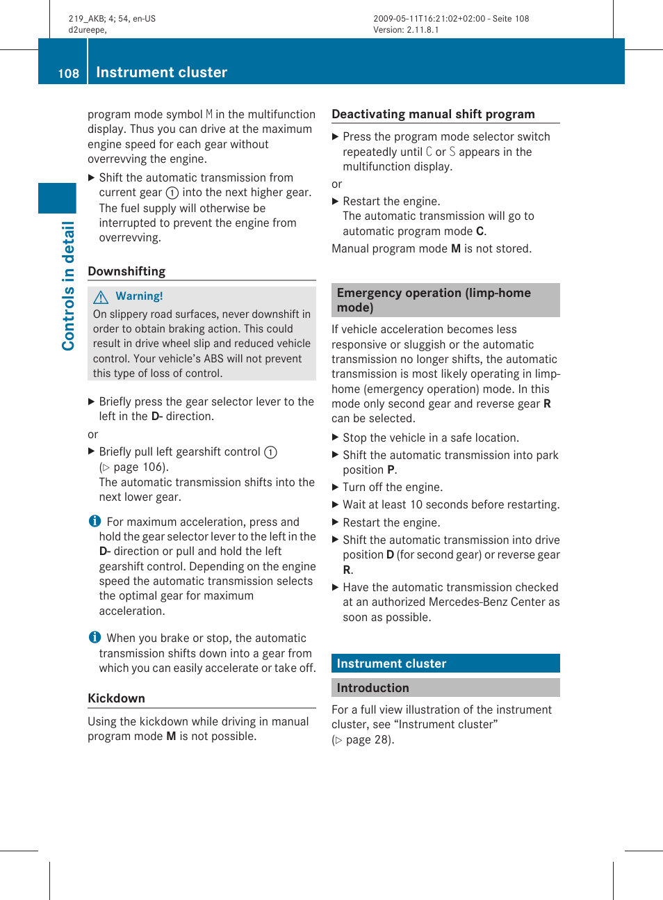 Emergency operation (limp-home mode), Instrument cluster, Introduction | Controls in detail | Mercedes-Benz CLS-Class 2010 Owners Manual User Manual | Page 110 / 308