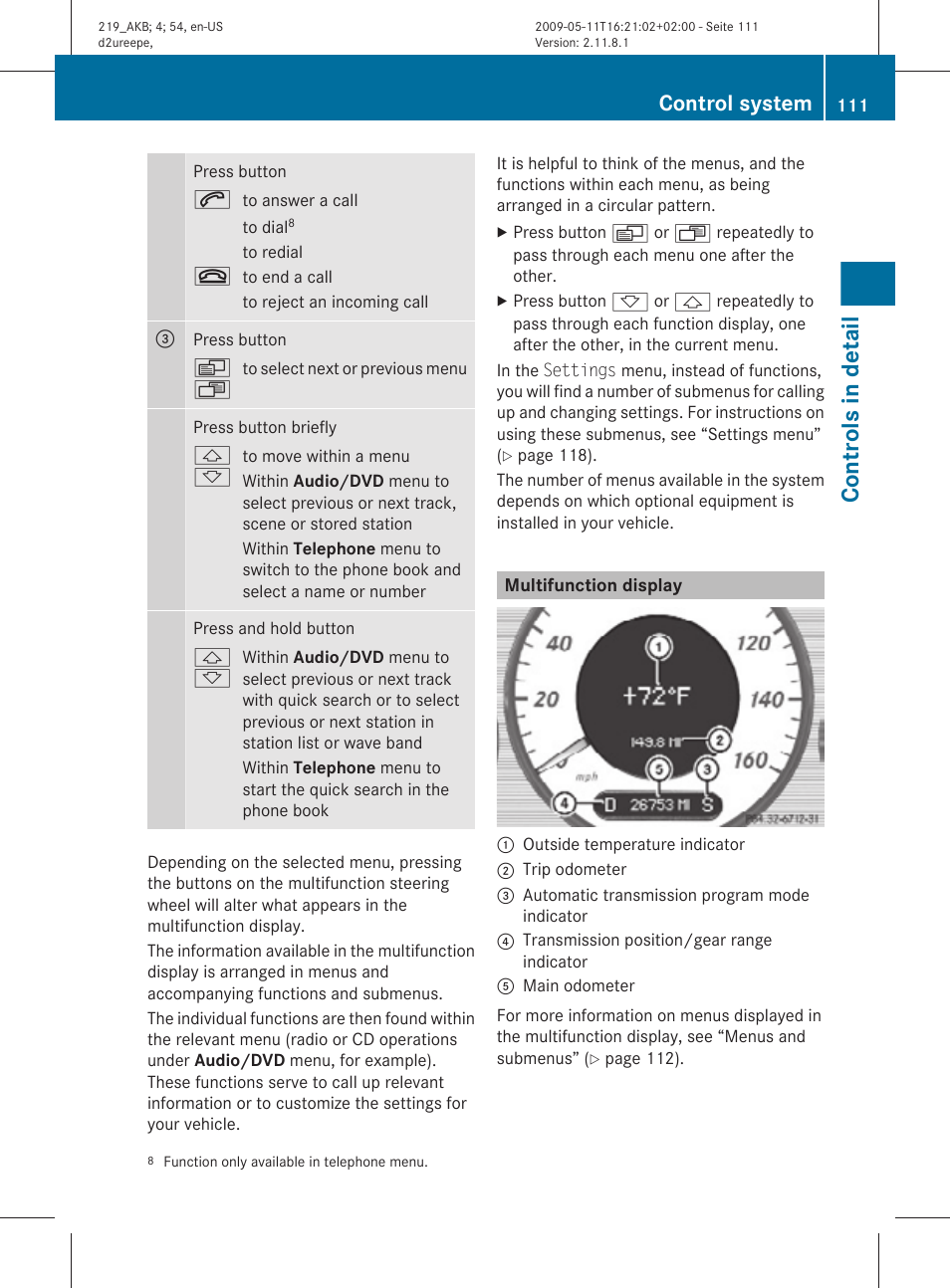Multifunction display, Controls in detail, Control system | Mercedes-Benz CLS-Class 2010 Owners Manual User Manual | Page 113 / 308