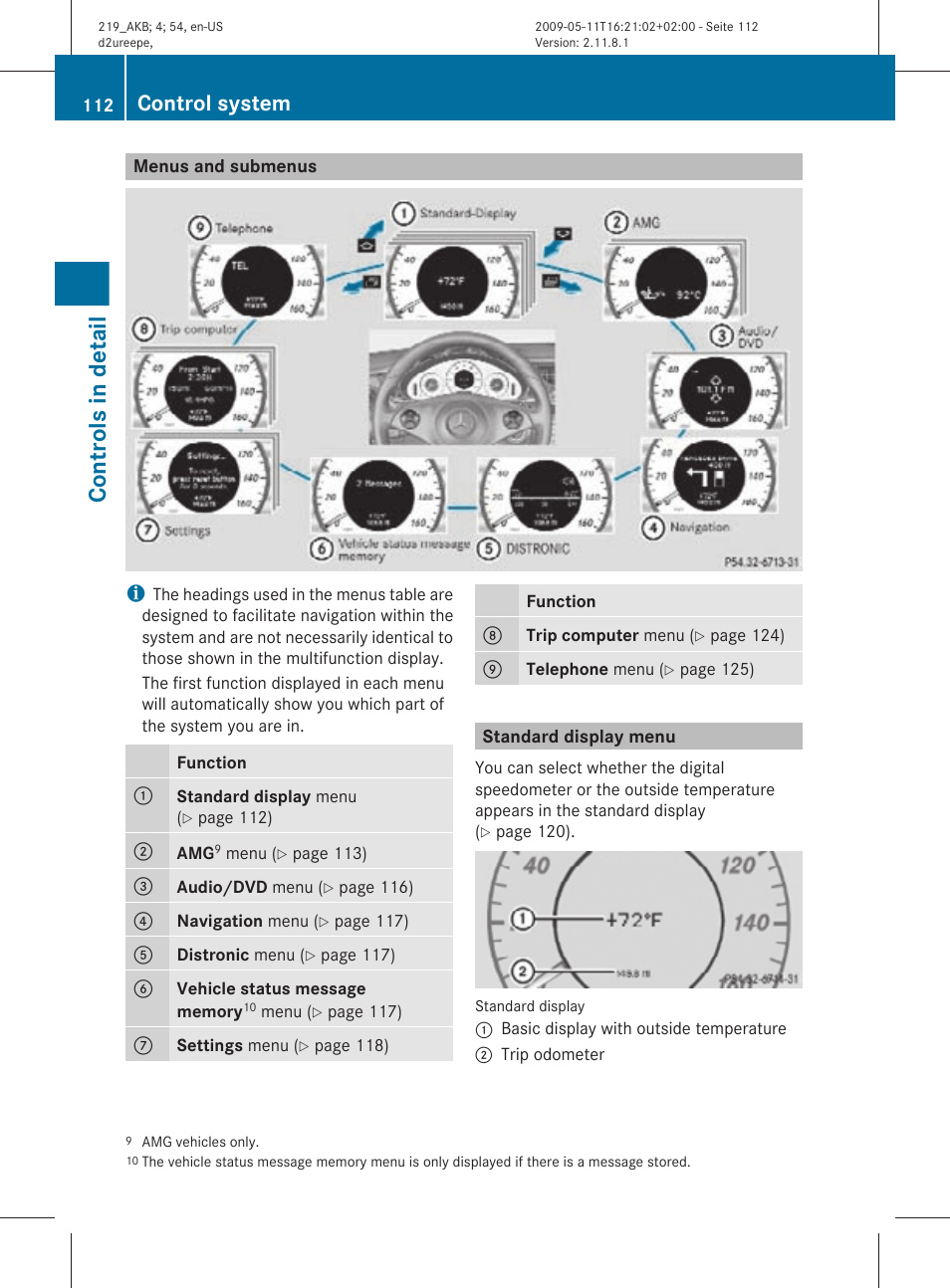 Menus and submenus, Standard display menu, Controls in detail | Control system | Mercedes-Benz CLS-Class 2010 Owners Manual User Manual | Page 114 / 308