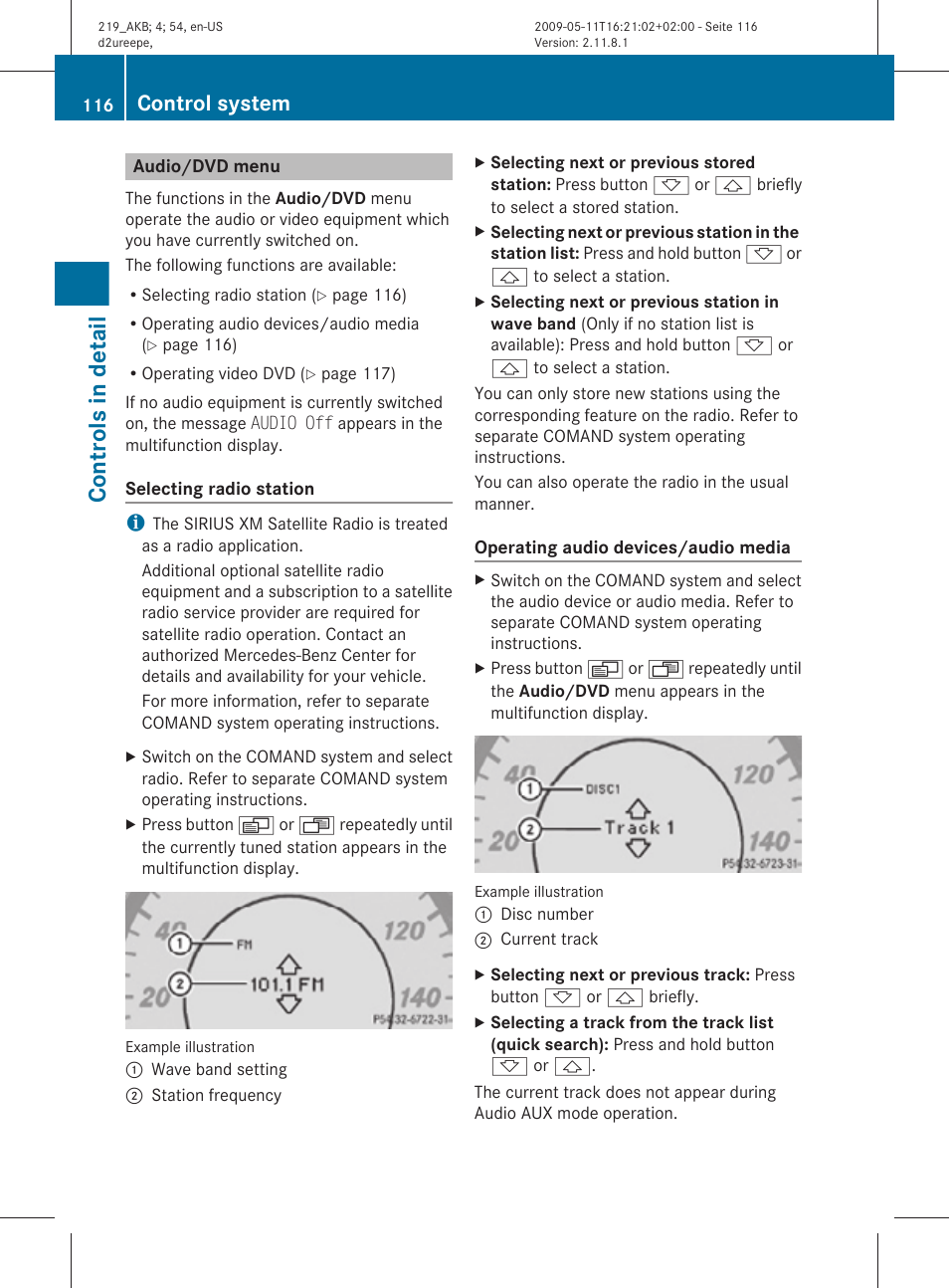 Audio/dvd menu, Menu, Controls in detail | Control system | Mercedes-Benz CLS-Class 2010 Owners Manual User Manual | Page 118 / 308