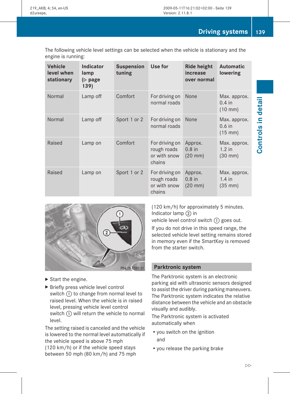 Parktronic system, Controls in detail, Driving systems | Mercedes-Benz CLS-Class 2010 Owners Manual User Manual | Page 141 / 308