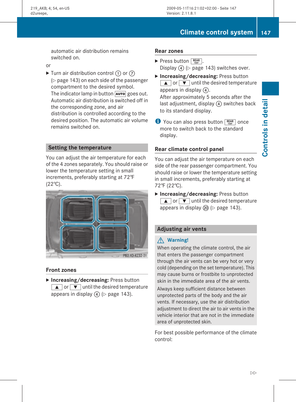 Setting the temperature, Adjusting air vents, Controls in detail | Climate control system | Mercedes-Benz CLS-Class 2010 Owners Manual User Manual | Page 149 / 308