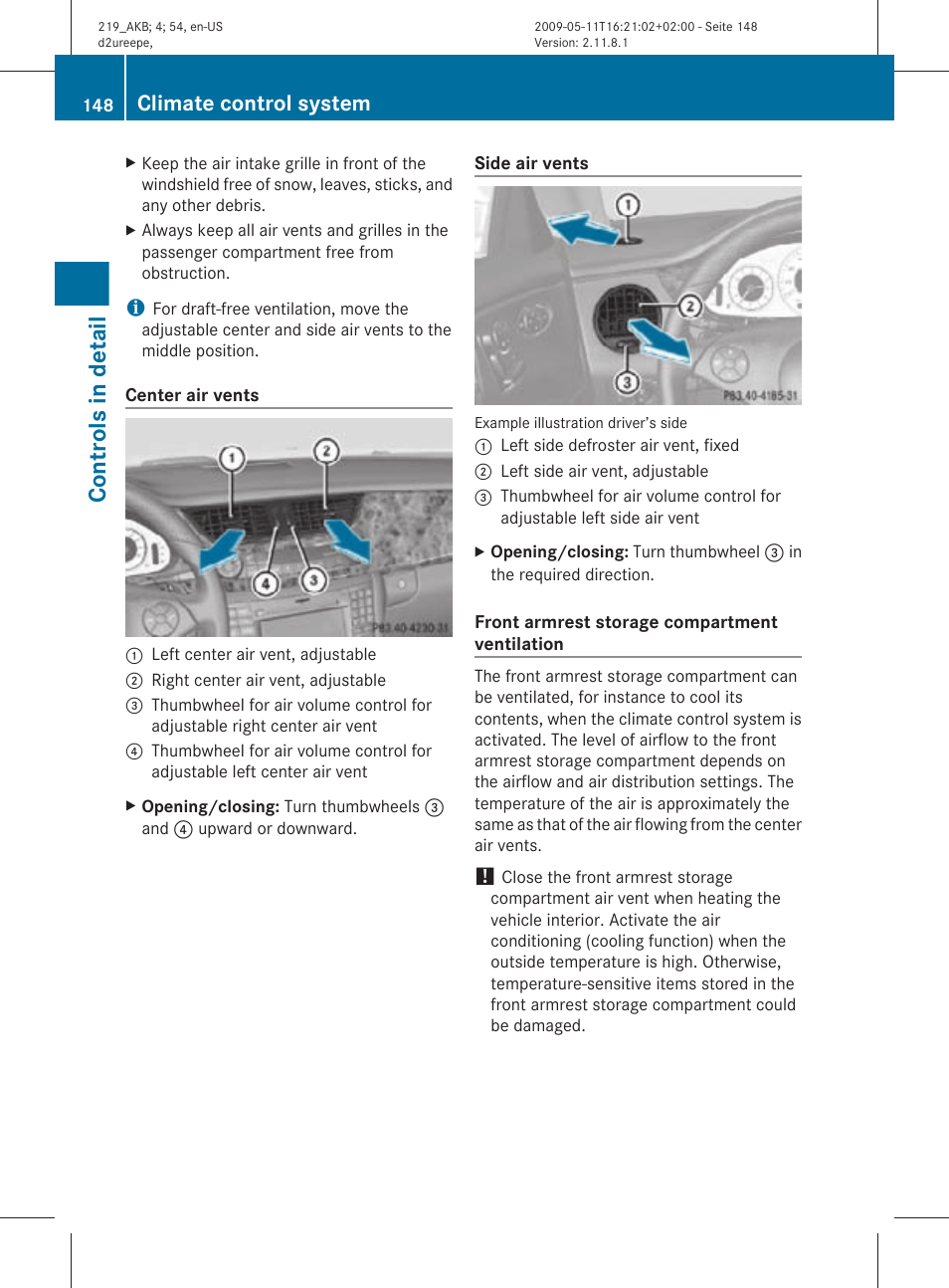 Controls in detail, Climate control system | Mercedes-Benz CLS-Class 2010 Owners Manual User Manual | Page 150 / 308