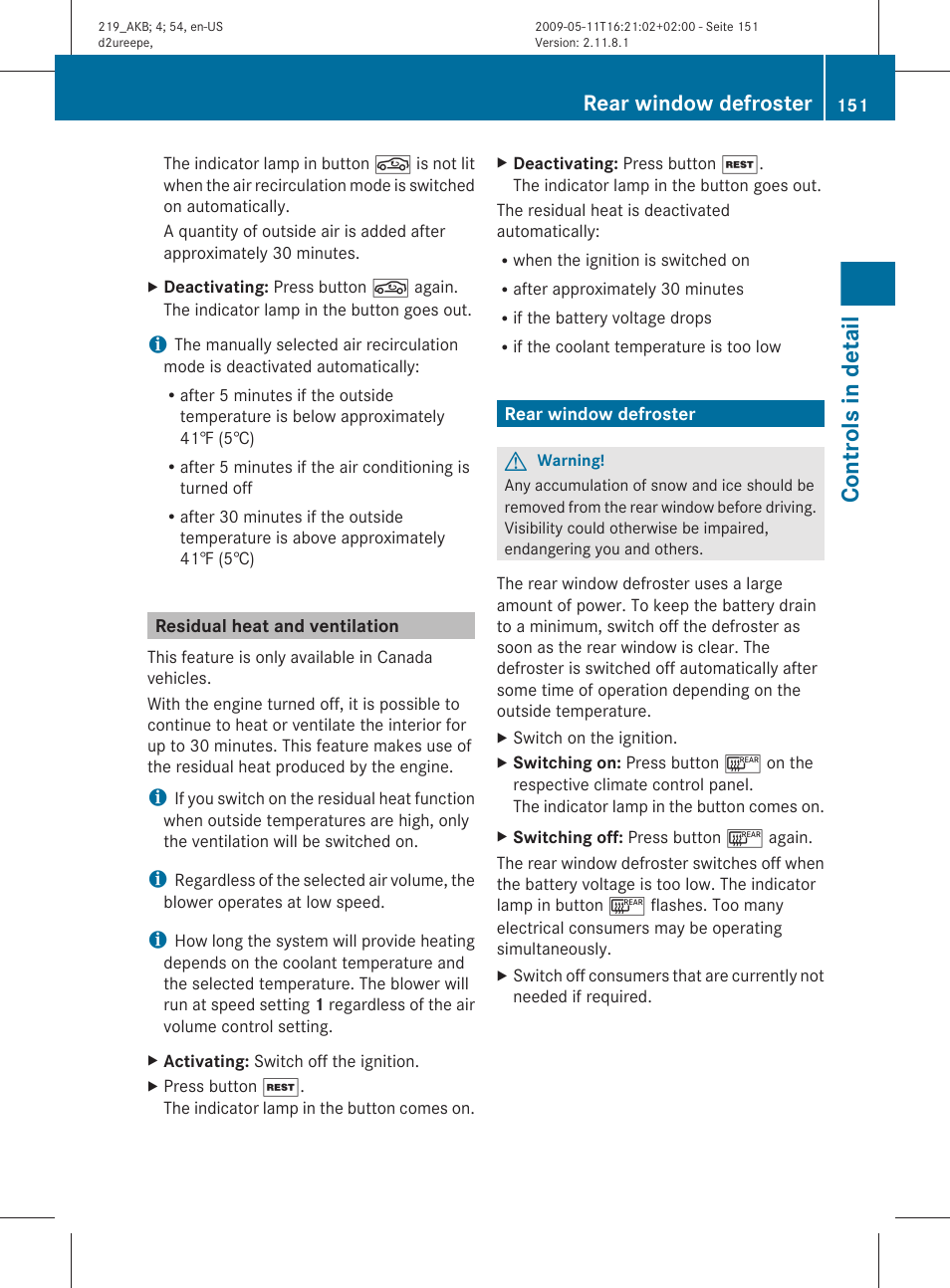 Residual heat and ventilation, Rear window defroster, Controls in detail | Mercedes-Benz CLS-Class 2010 Owners Manual User Manual | Page 153 / 308