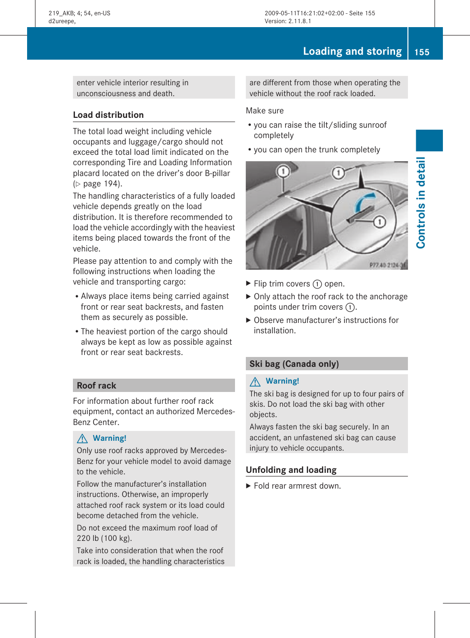 Roof rack, Ski bag (canada only), Controls in detail | Loading and storing | Mercedes-Benz CLS-Class 2010 Owners Manual User Manual | Page 157 / 308