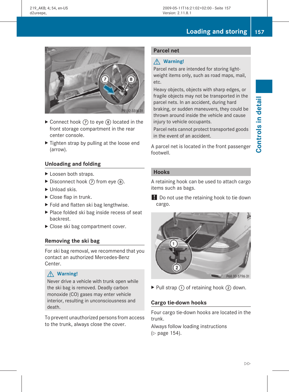 Parcel net, Hooks, Controls in detail | Loading and storing | Mercedes-Benz CLS-Class 2010 Owners Manual User Manual | Page 159 / 308