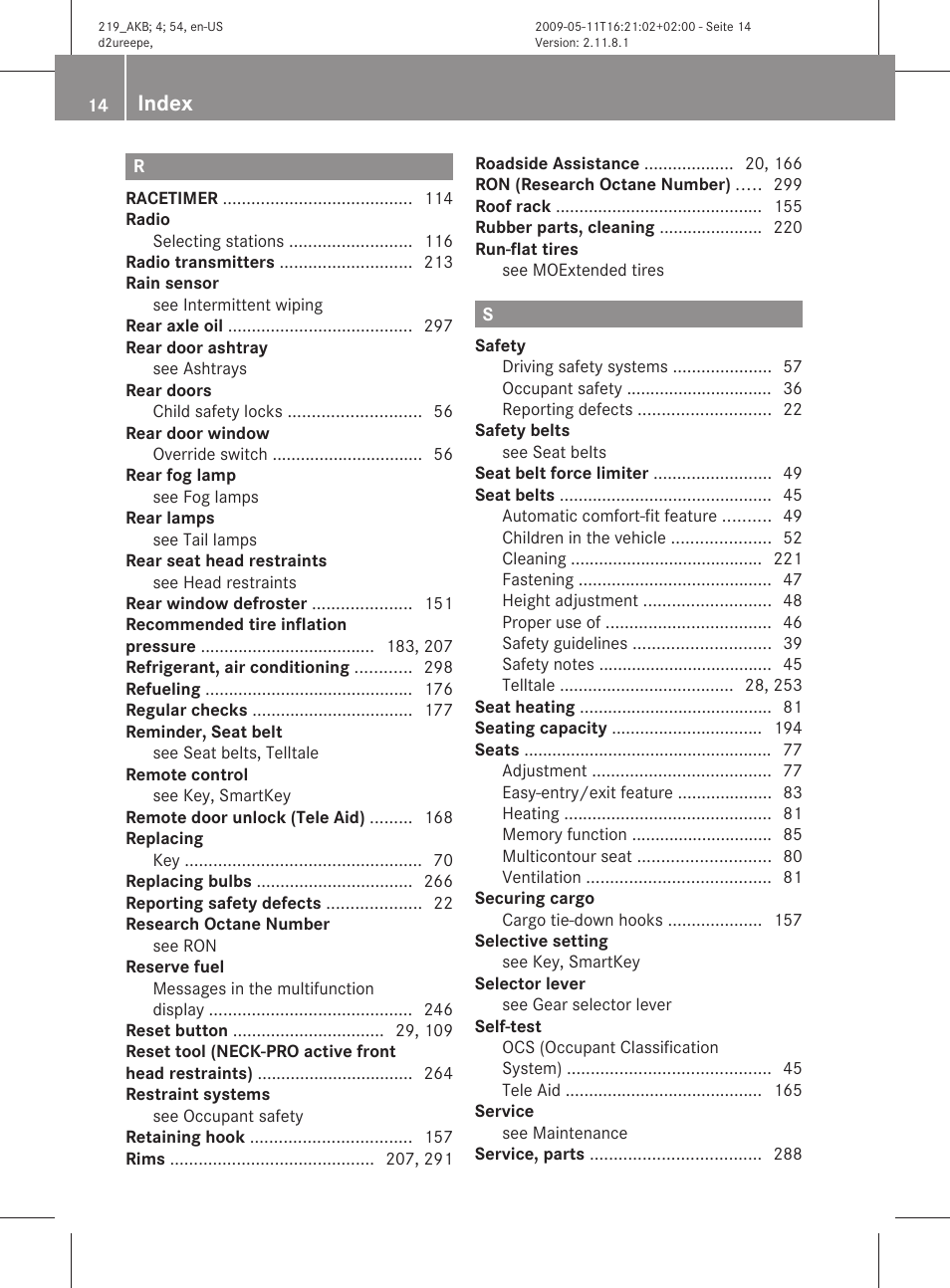 Index | Mercedes-Benz CLS-Class 2010 Owners Manual User Manual | Page 16 / 308