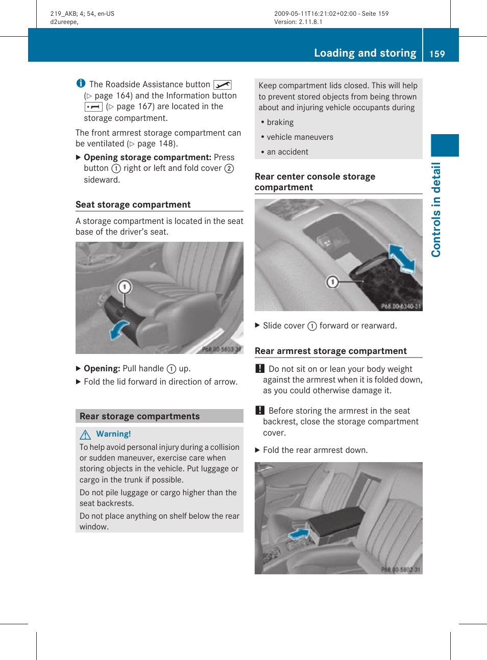 Rear storage compartments, Controls in detail, Loading and storing | Mercedes-Benz CLS-Class 2010 Owners Manual User Manual | Page 161 / 308