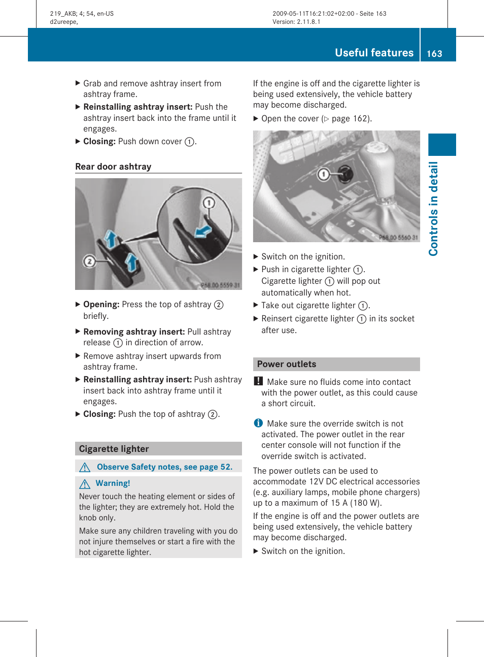 Cigarette lighter, Power outlets, Controls in detail | Useful features | Mercedes-Benz CLS-Class 2010 Owners Manual User Manual | Page 165 / 308
