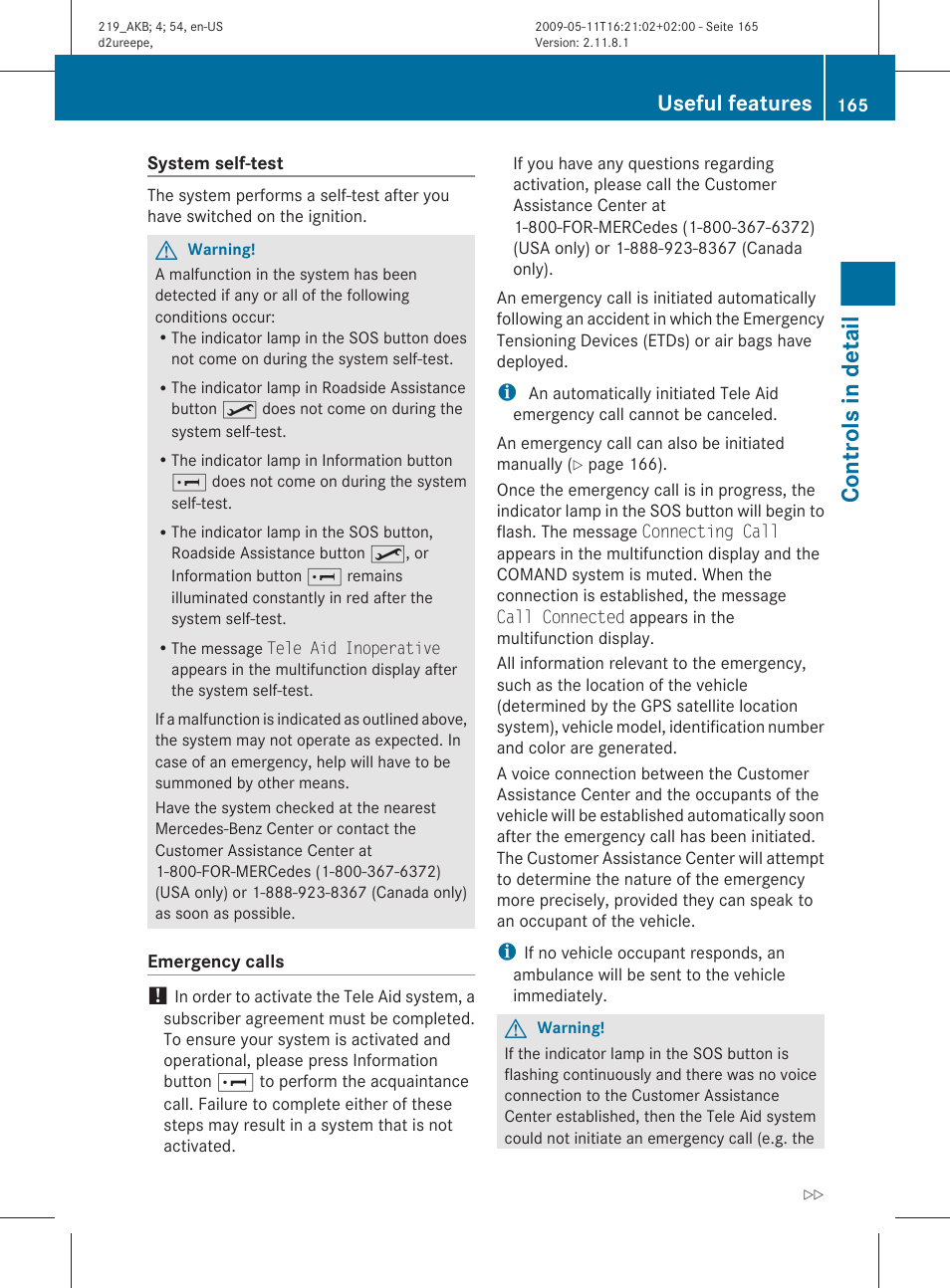 Controls in detail, Useful features | Mercedes-Benz CLS-Class 2010 Owners Manual User Manual | Page 167 / 308