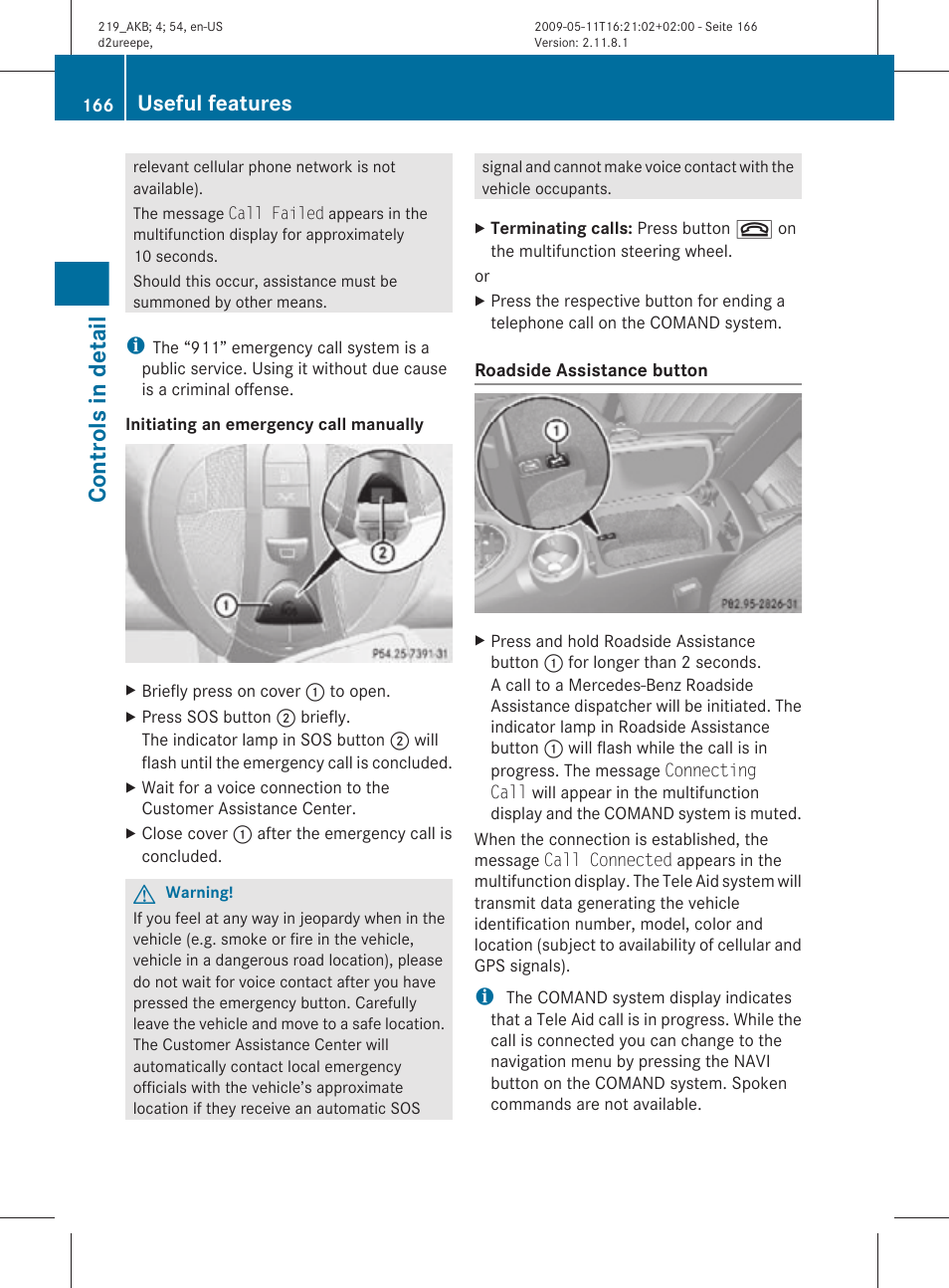 Controls in detail, Useful features | Mercedes-Benz CLS-Class 2010 Owners Manual User Manual | Page 168 / 308