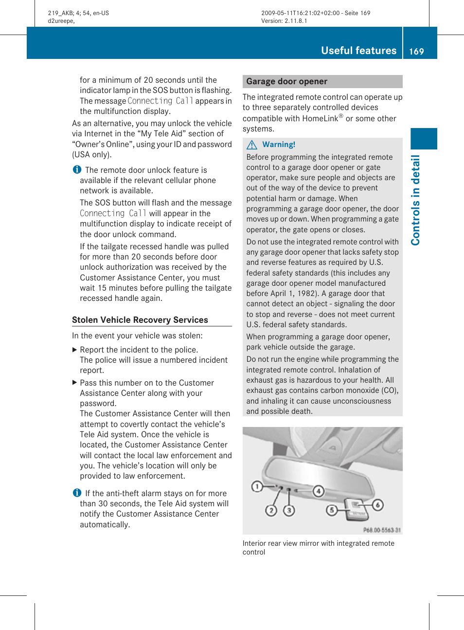 Garage door opener, Controls in detail, Useful features | Mercedes-Benz CLS-Class 2010 Owners Manual User Manual | Page 171 / 308